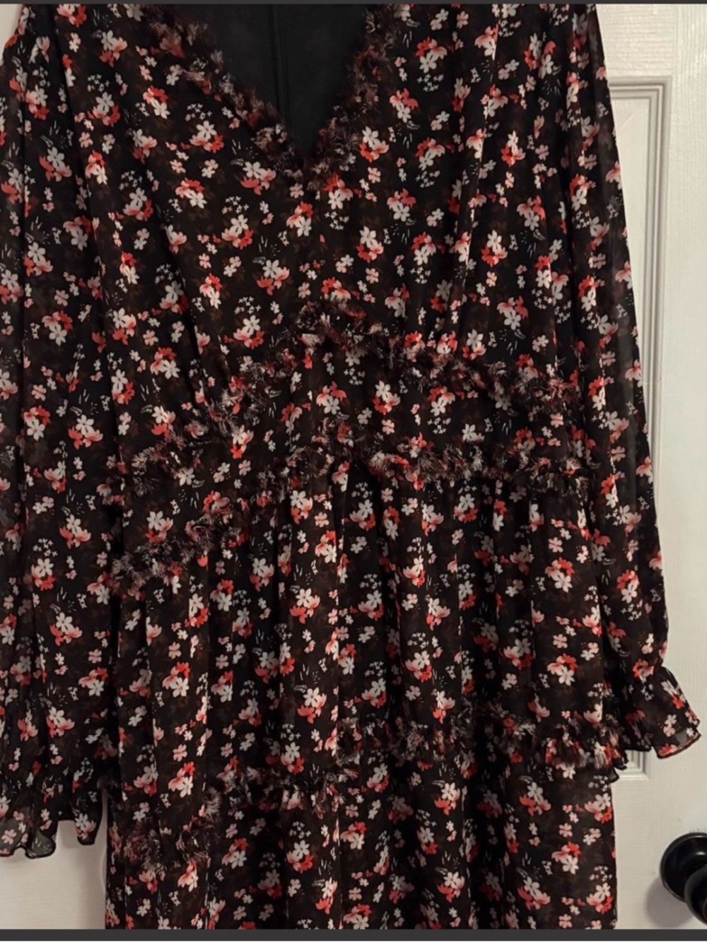 Floral V-Neck Tiered Long Sleeve Dress in Black and Pink